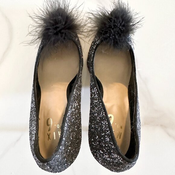 Black and Silver Glitter High Heels with Feather Poof - Picture 4 of 4